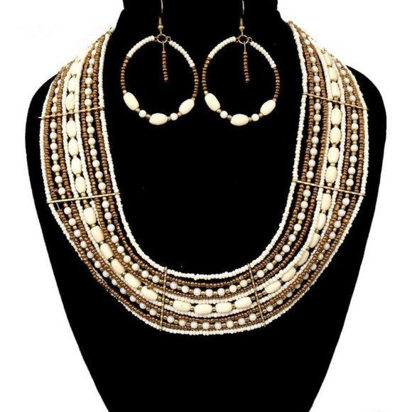 Unbranded Jewelry - White Beaded BOHO Egyptian Native Gold Tribal Necklace Eearring Set